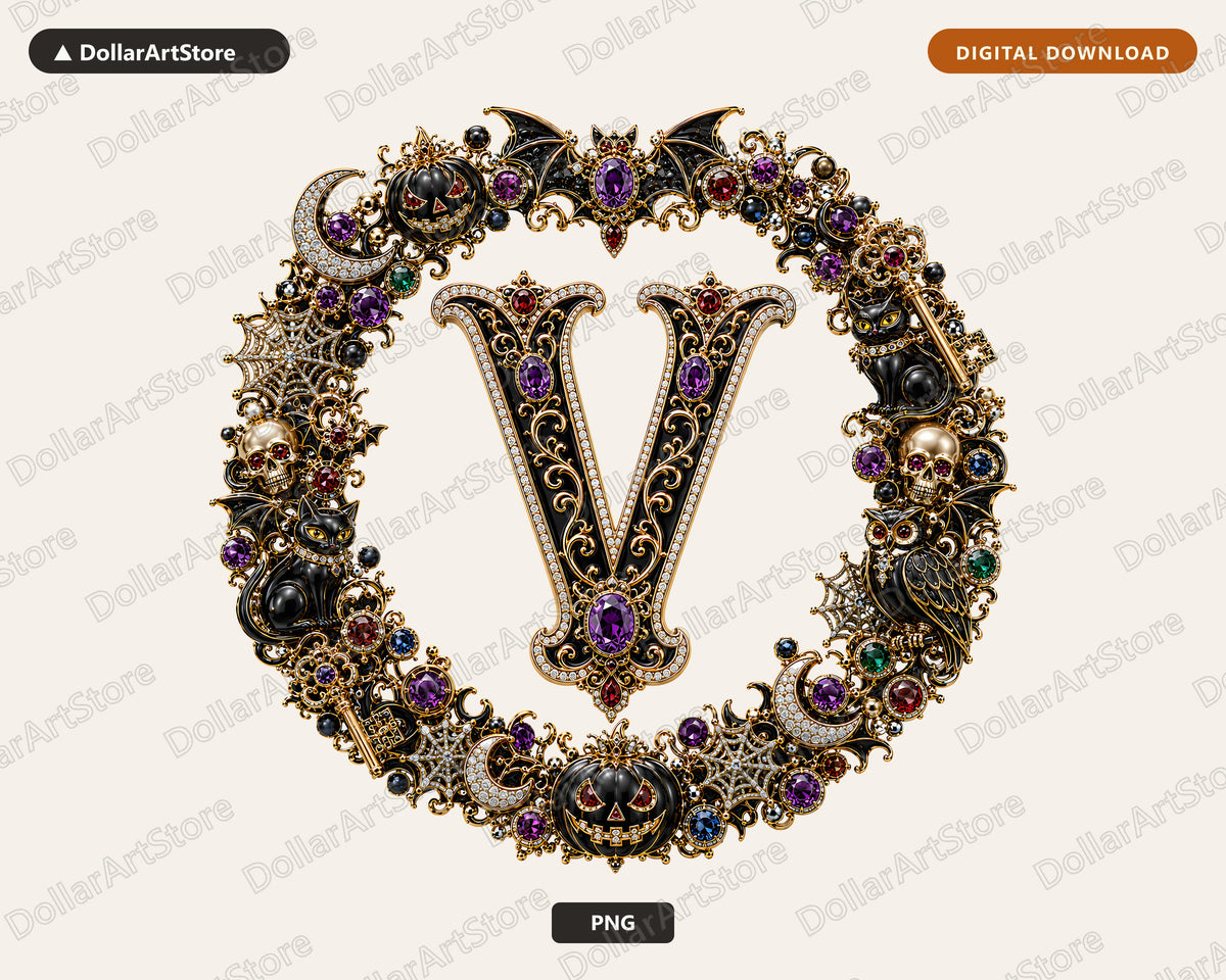Gothic Monogram Letter V PNG, Luxury Halloween Sublimation Design, Print on Demand
