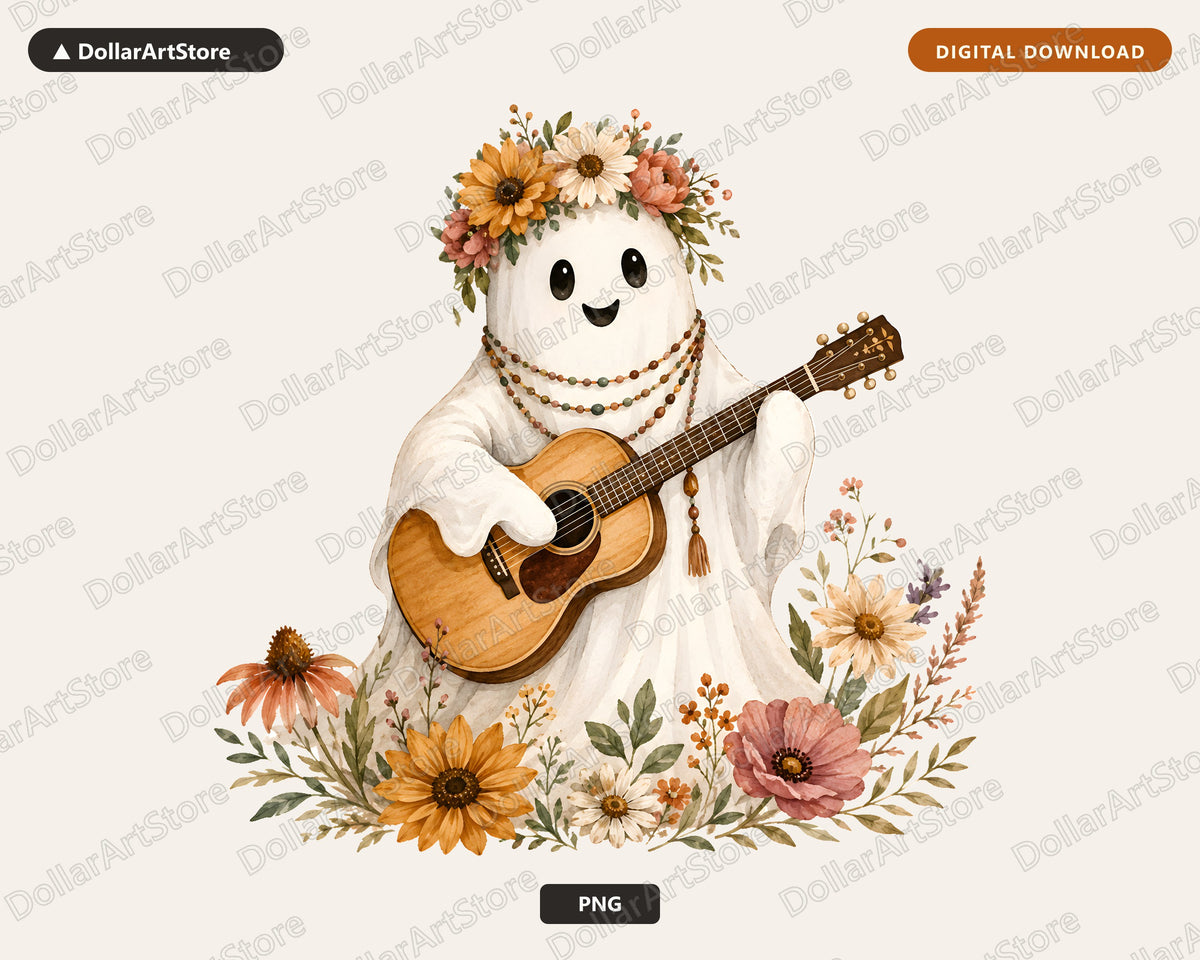 Boho Ghost PNG Sublimation Design, Acoustic Guitar Fall Floral Shirt Design
