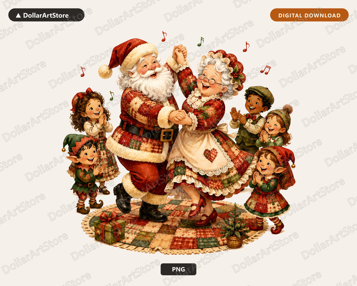 Vintage Christmas PNG, Santa Mrs Claus Elves, Sublimation Design Digital Download