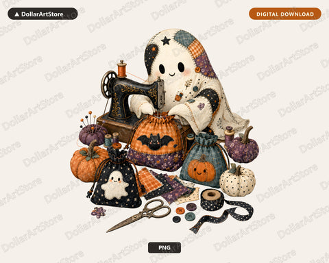 Crafting Ghost PNG, Halloween Sublimation Design, Sewing Witch Shirt Print