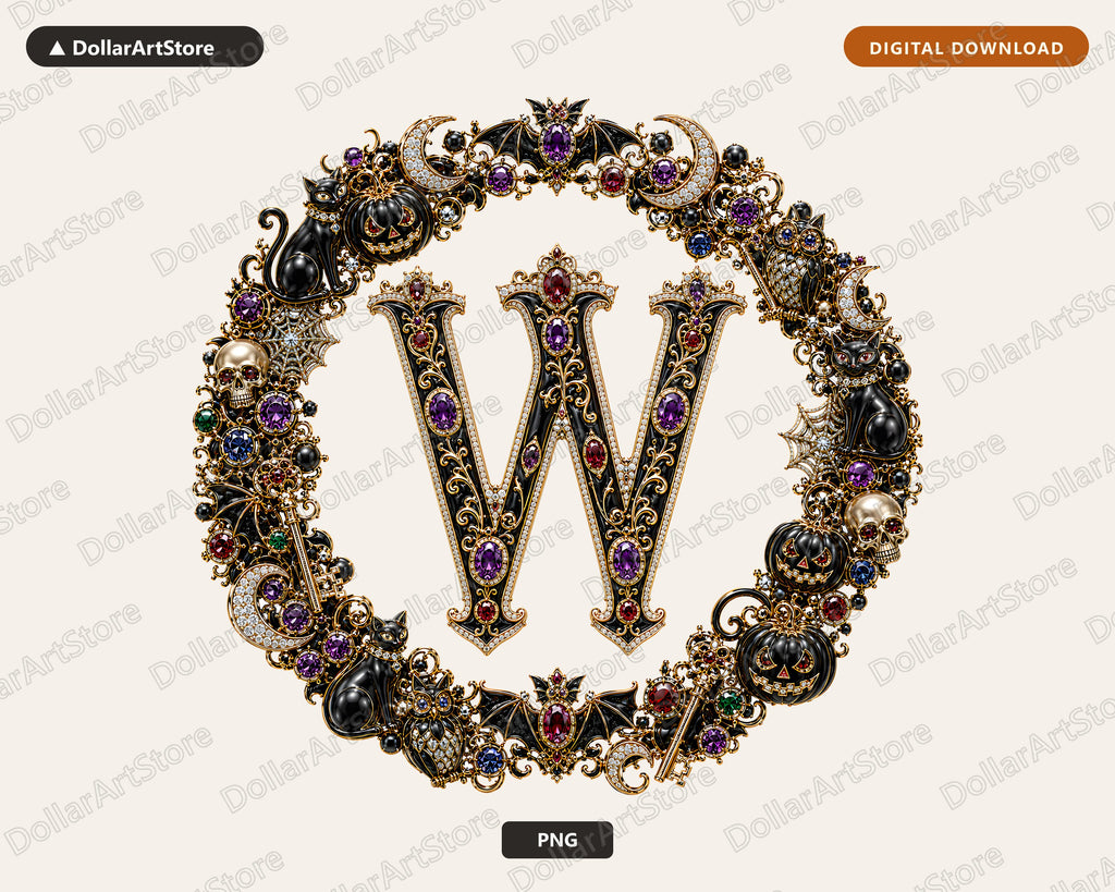 Halloween Monogram W PNG, Gothic Ornate Letter, Sublimation Design
