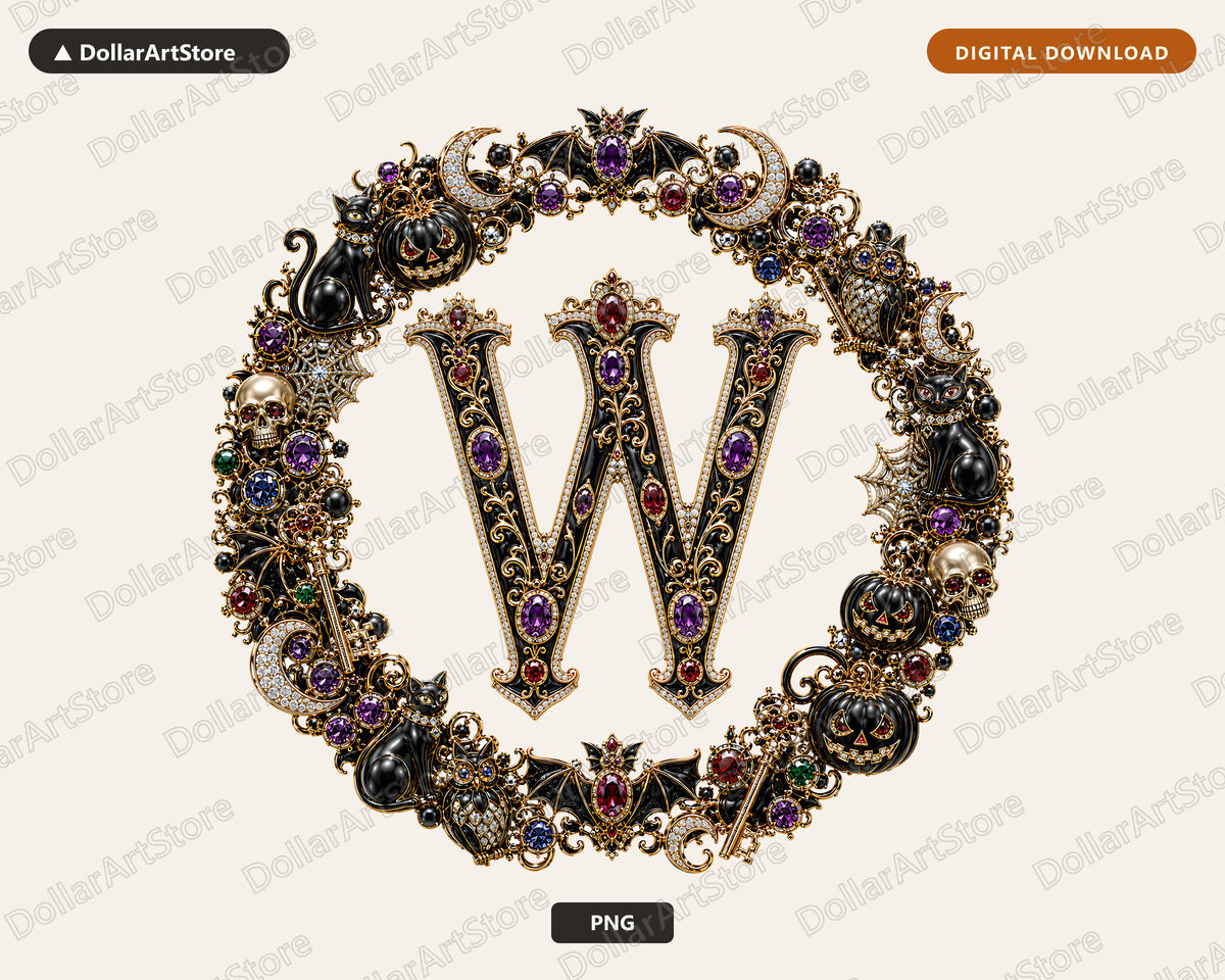 Halloween Monogram W PNG, Gothic Ornate Letter, Sublimation Design