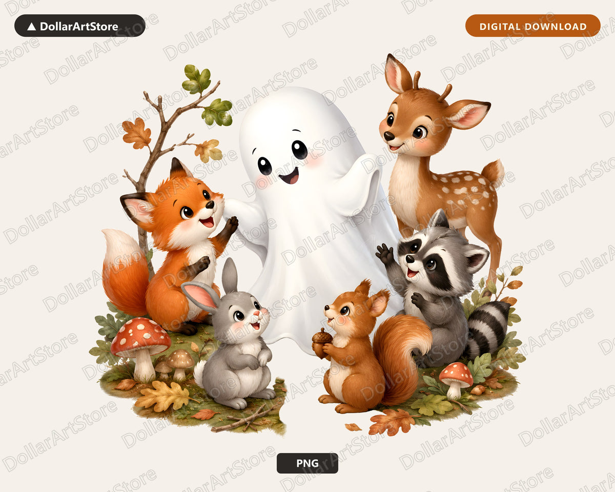 Cute Halloween Ghost PNG, Woodland Animals Sublimation Design, Shirt Print Digital Download