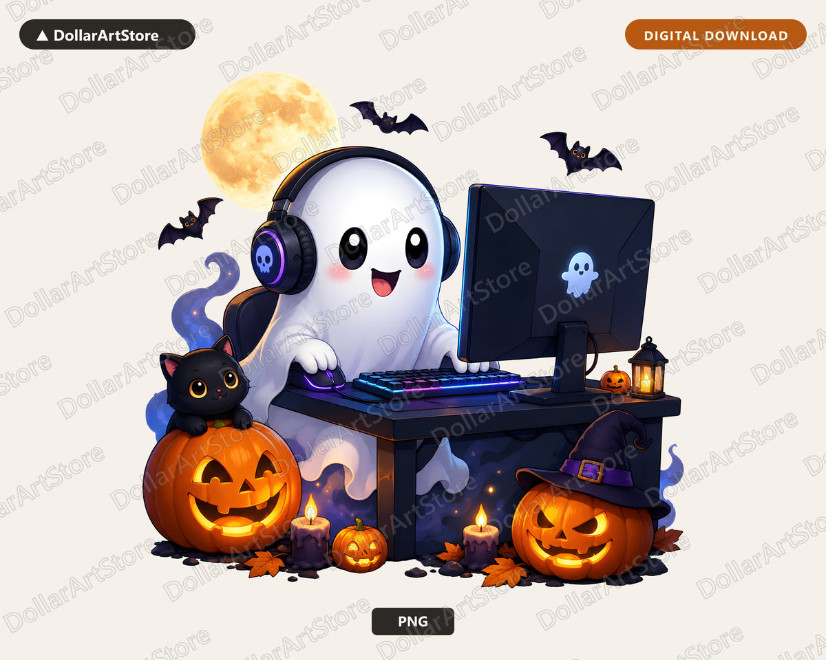 Cute Gaming Ghost PNG, Halloween Sublimation Design, Gamer Shirt Design Digital Download