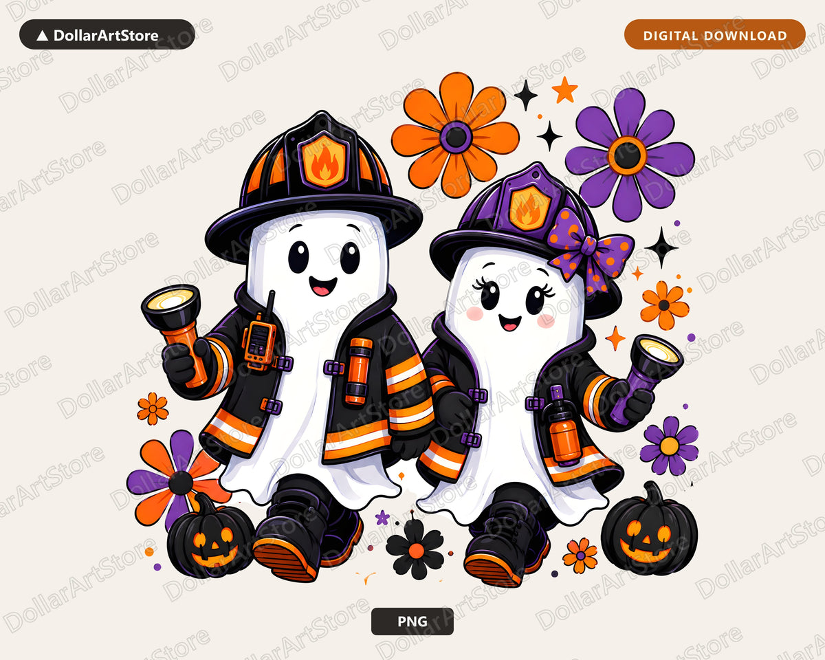 Cute Firefighter Ghosts PNG, Halloween Sublimation Design, Shirt Design Digital Download