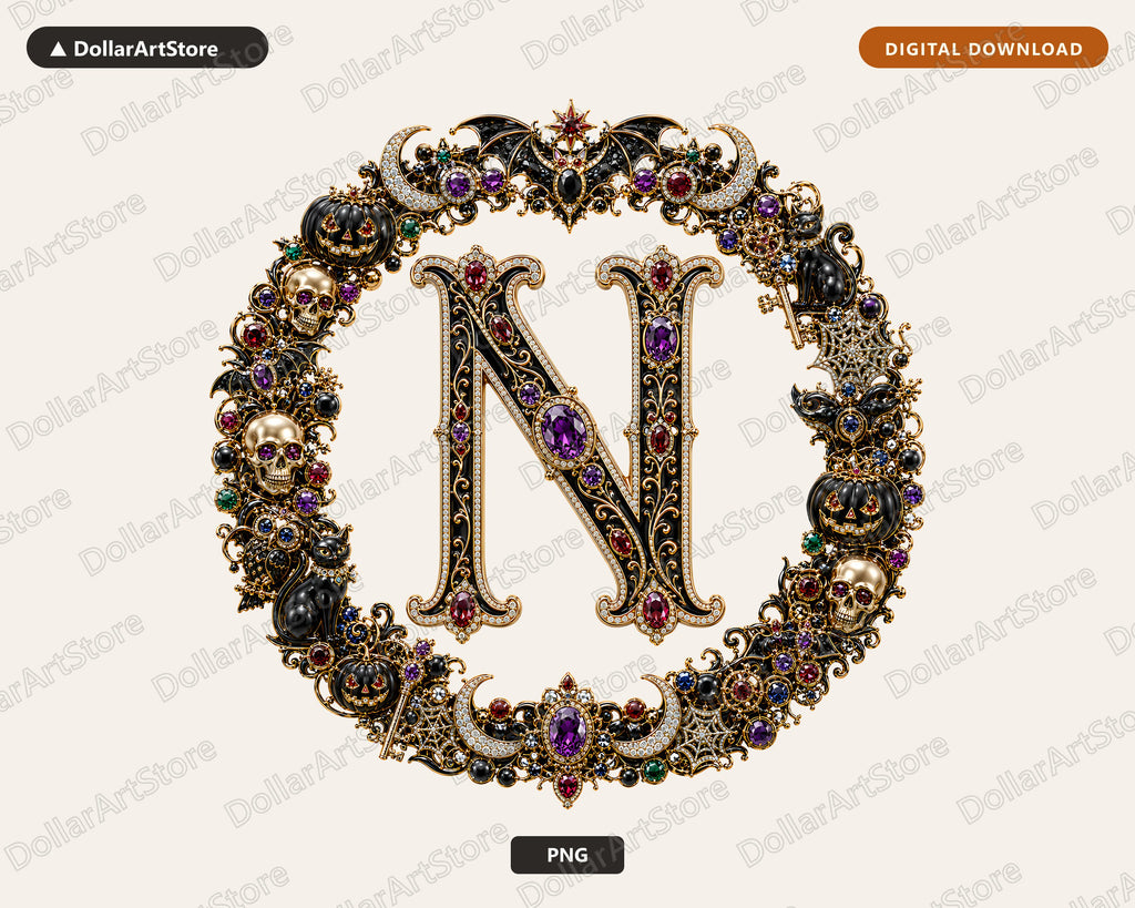 Halloween Monogram PNG N, Gothic Ornate Letter Design, Sublimation Shirt Download
