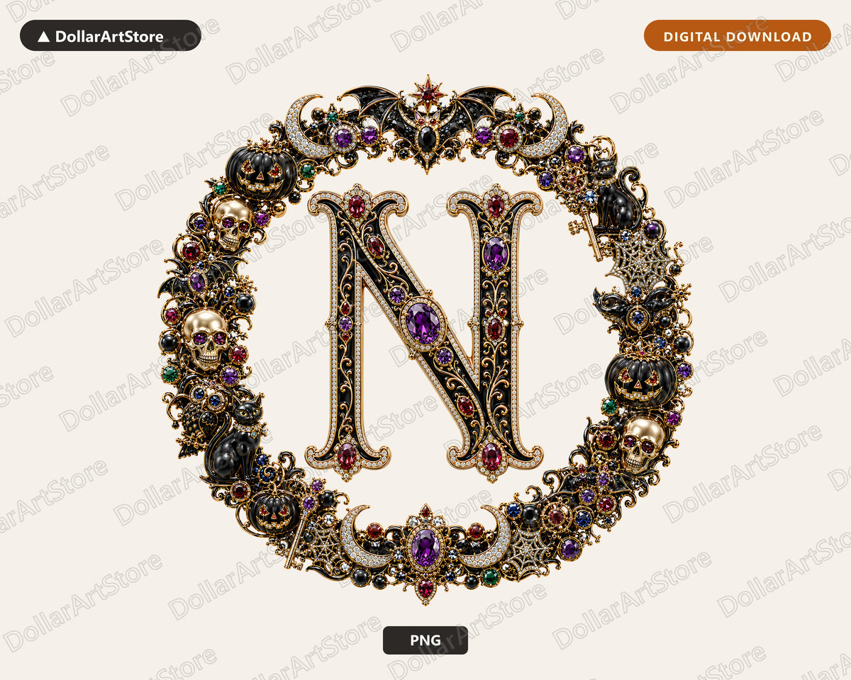 Halloween Monogram PNG N, Gothic Ornate Letter Design, Sublimation Shirt Download