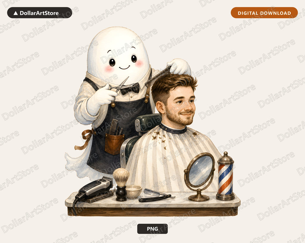 Cute Ghost Barber PNG, Sublimation Design, Shirt Design Digital Download