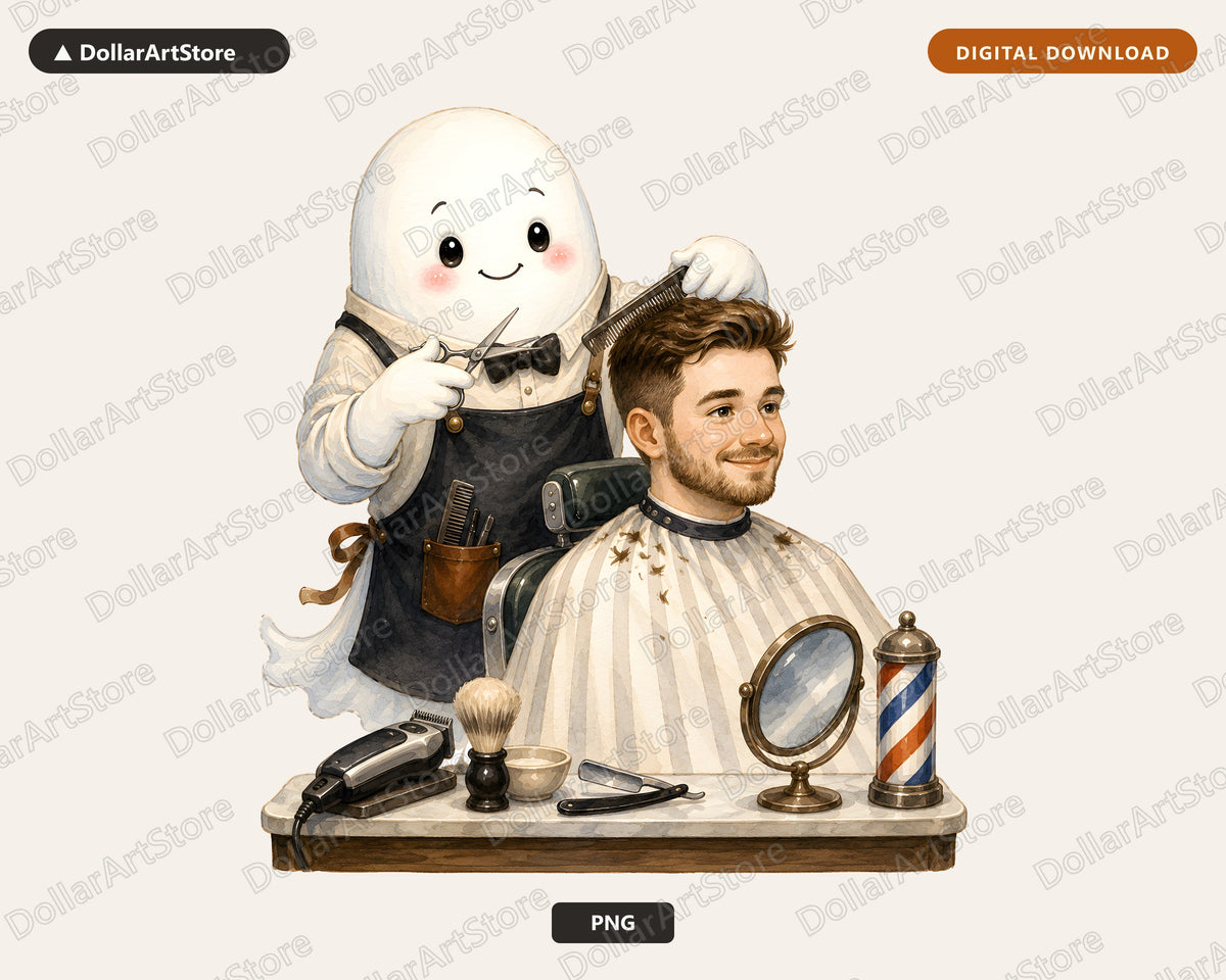 Cute Ghost Barber PNG, Sublimation Design, Shirt Design Digital Download