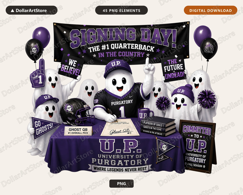 Cute Ghost Quarterback Football PNG, U of Purgatory Signing Day, Sublimation Design
