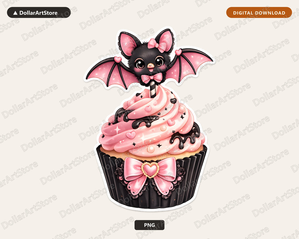 Coquette Bat Cupcake PNG, Sublimation Design, Cute Halloween Shirt Print