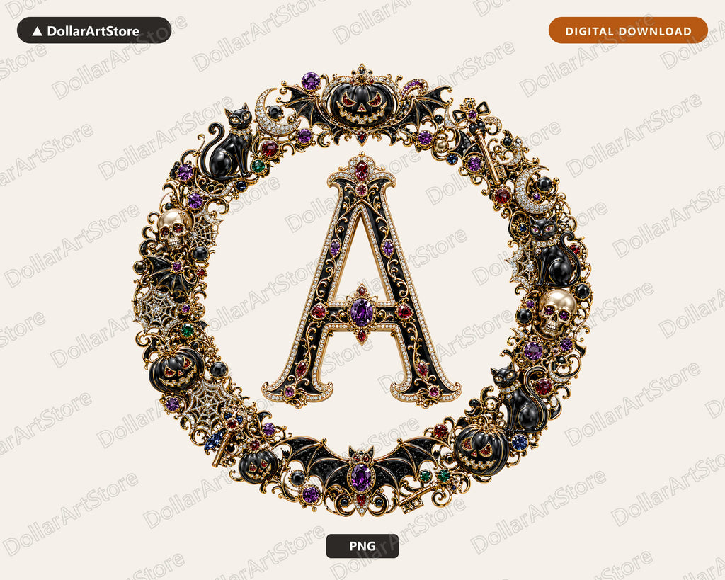 Halloween Monogram Letter A PNG, Gothic Ornate Sublimation Design