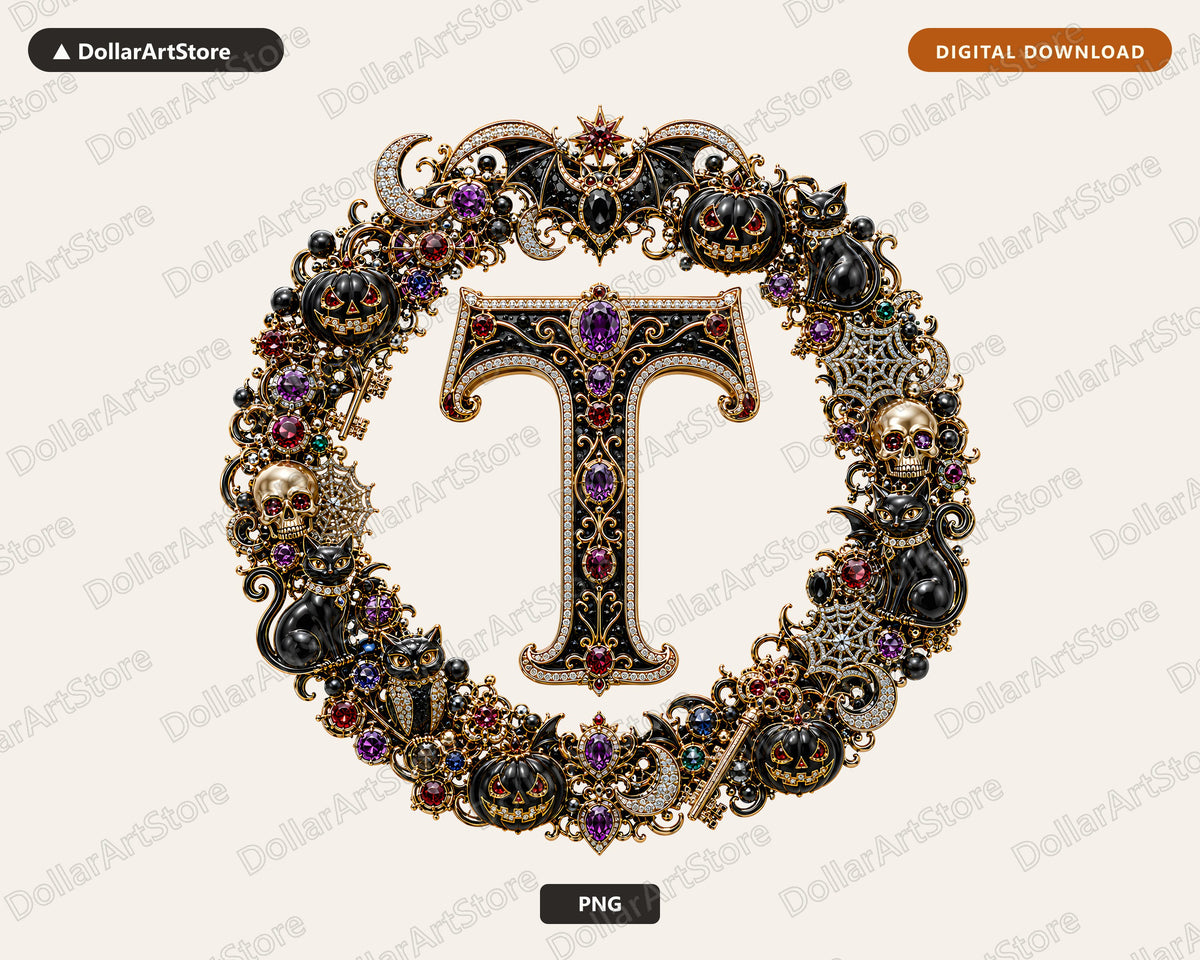Halloween Monogram T PNG, Gothic Ornate Letter Design, Sublimation Shirt Design