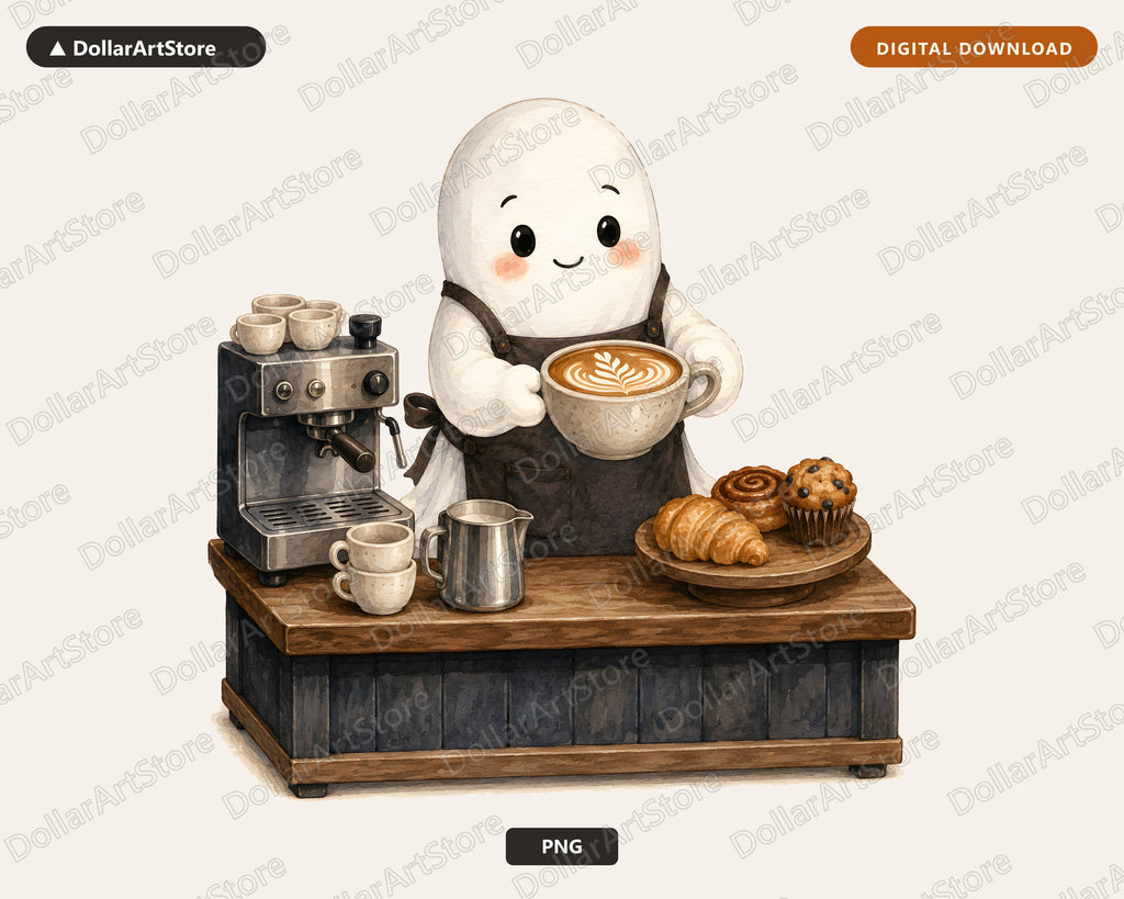 Cute Ghost Barista PNG, Sublimation Design, Coffee Shirt PNG Digital Download