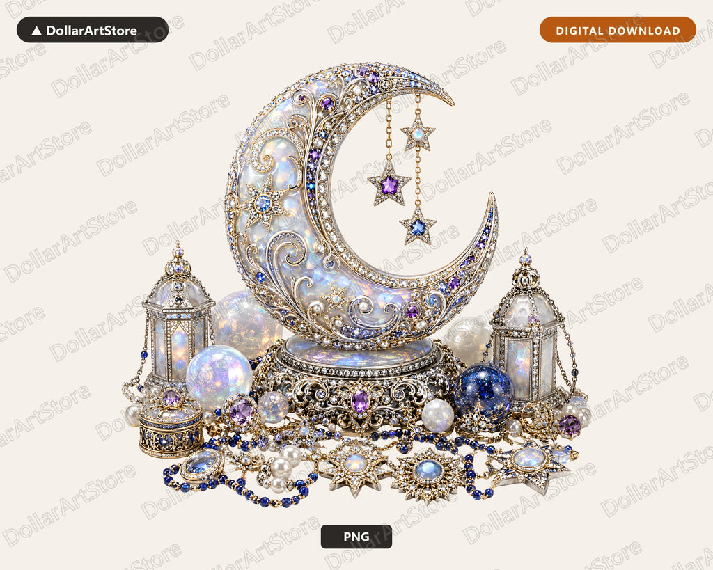 Ornate Celestial Moon PNG, Gothic Jewelry Design, Sublimation Download
