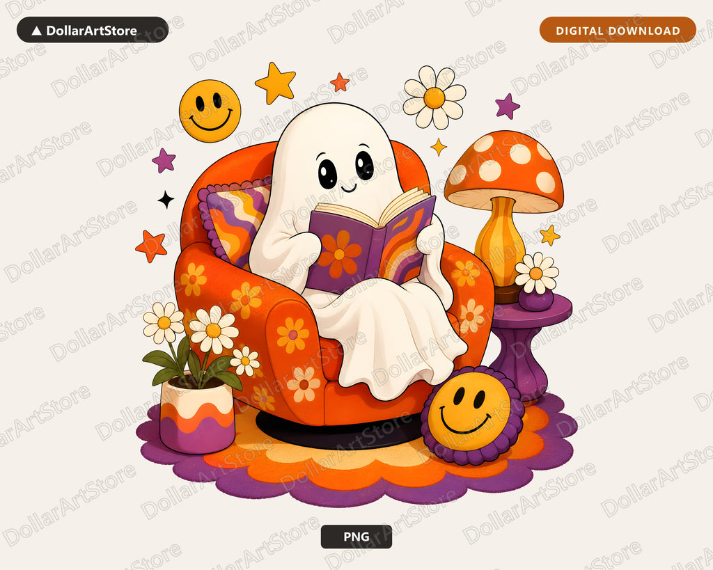 Bookish Ghost PNG, Retro Reading Design, Halloween Shirt Digital Download