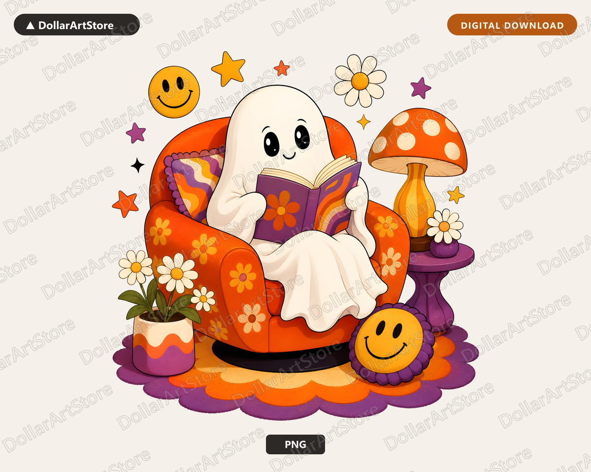 Bookish Ghost PNG, Retro Reading Design, Halloween Shirt Digital Download