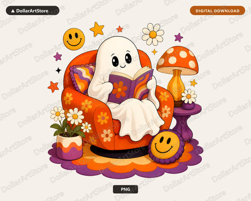 Bookish Ghost PNG, Retro Reading Design, Halloween Shirt Digital Download