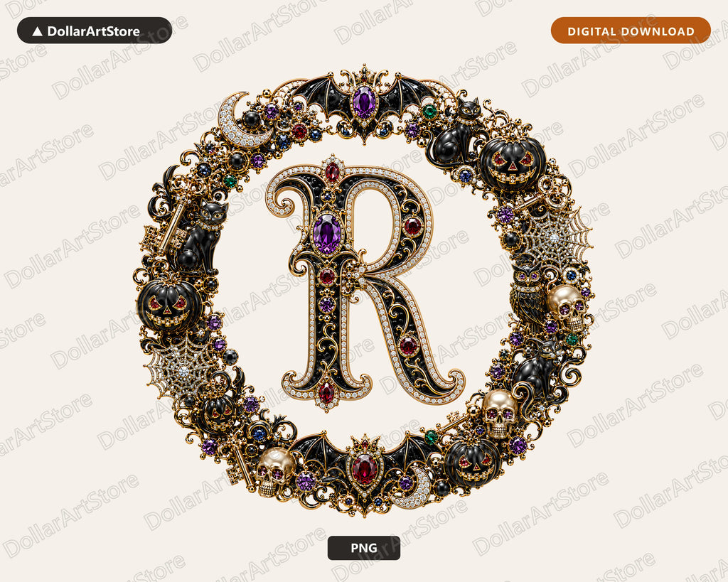 Halloween Monogram R PNG, Ornate Gothic Letter, Sublimation Design Digital Download