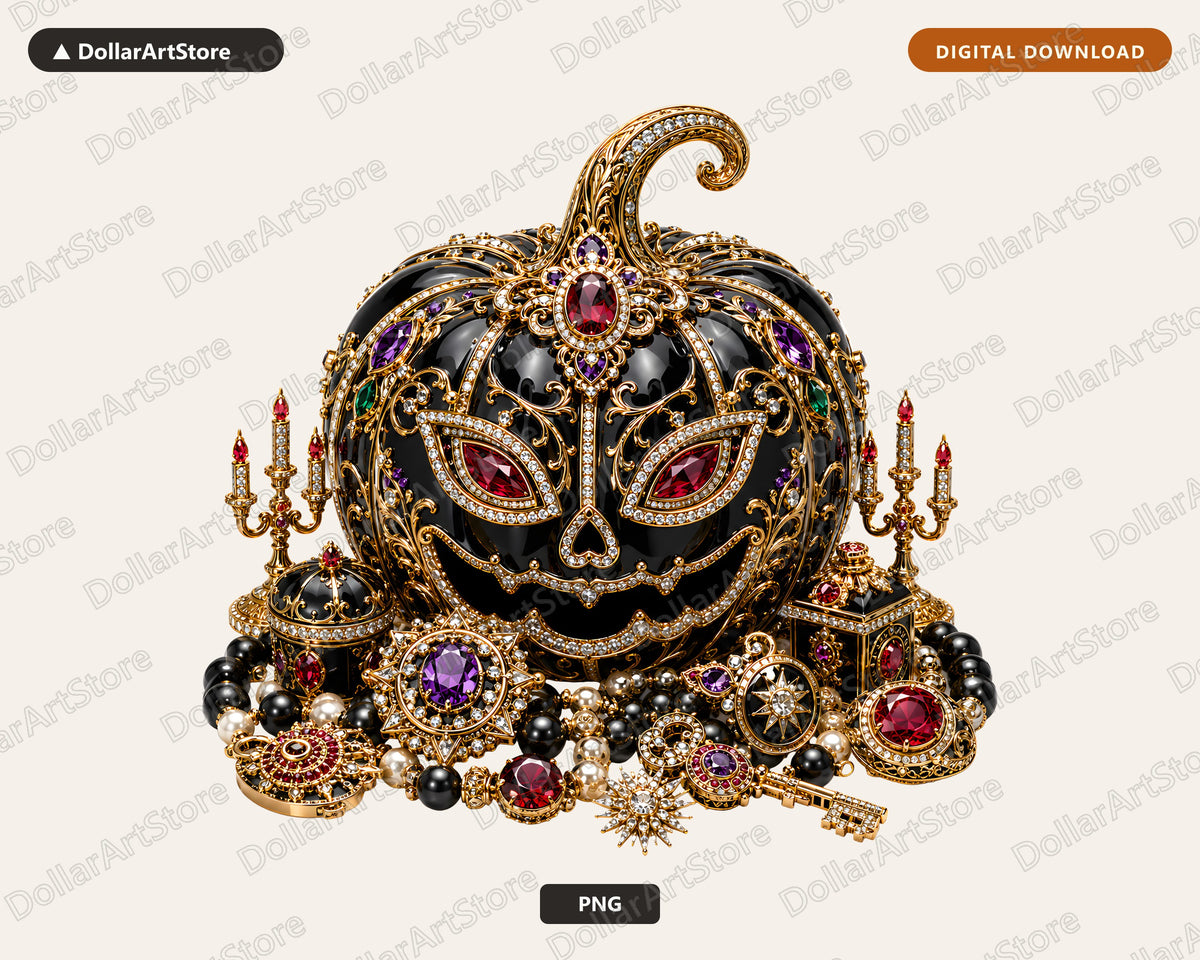 Luxury Gothic Halloween Pumpkin PNG, Ornate Jeweled Sublimation Design