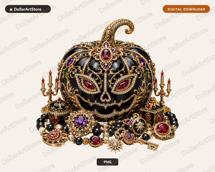 Luxury Gothic Halloween Pumpkin PNG, Ornate Jeweled Sublimation Design