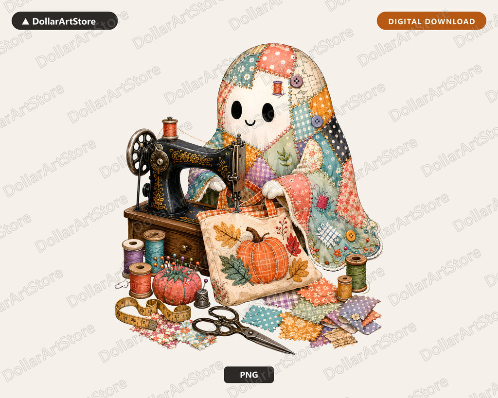 Crafting Ghost PNG, Vintage Sewing Design, Sublimation Digital Download