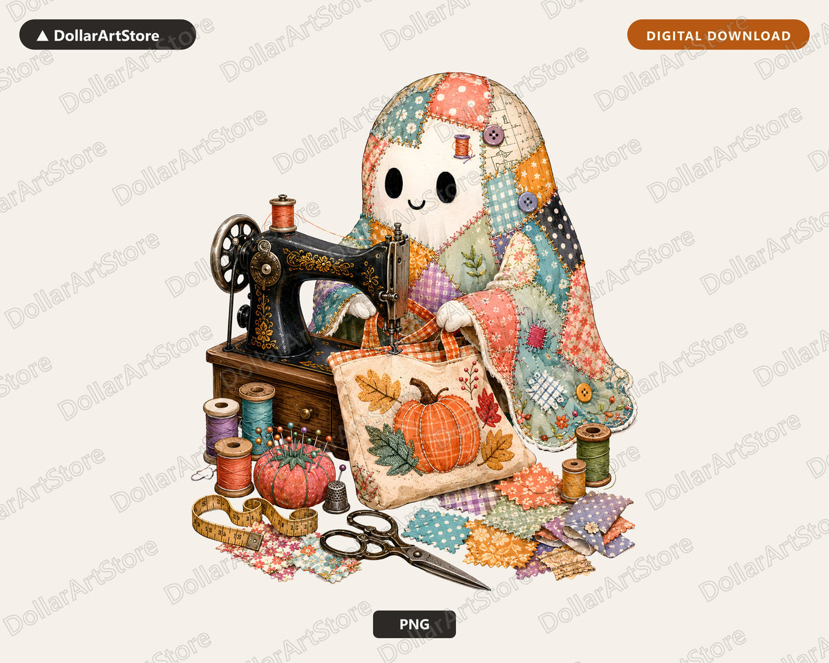 Crafting Ghost PNG, Vintage Sewing Design, Sublimation Digital Download