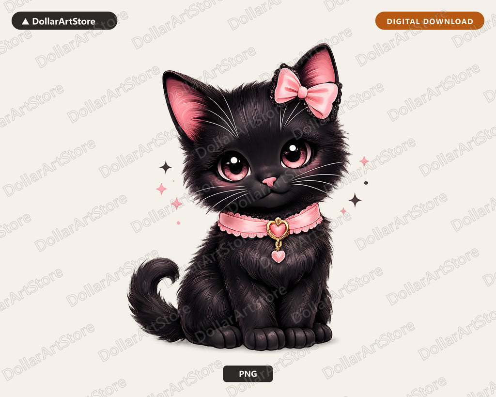 Coquette Black Cat PNG, Pink Bow Halloween Design Digital Download