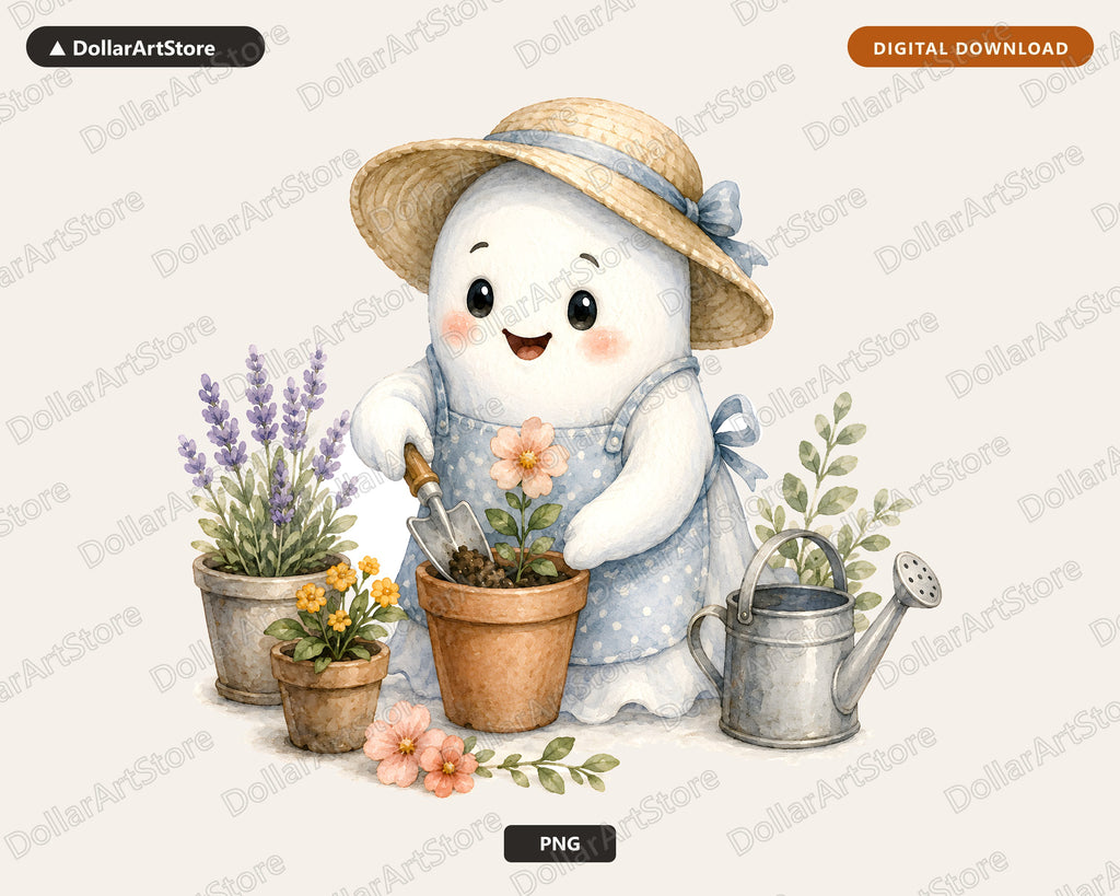 Gardening Ghost PNG, Cute Character Design, Sublimation Print-on-Demand Download