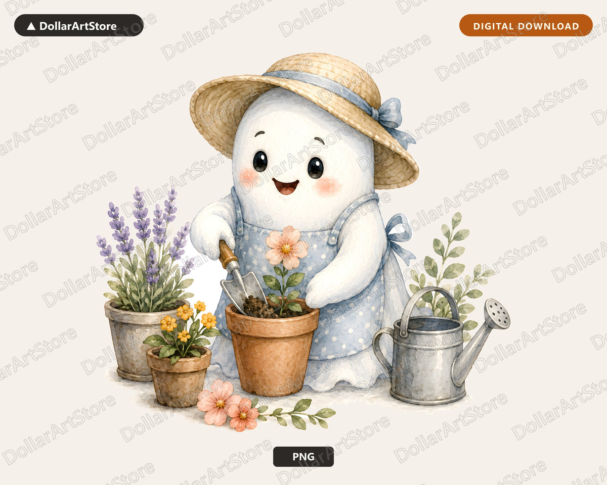 Gardening Ghost PNG, Cute Character Design, Sublimation Print-on-Demand Download