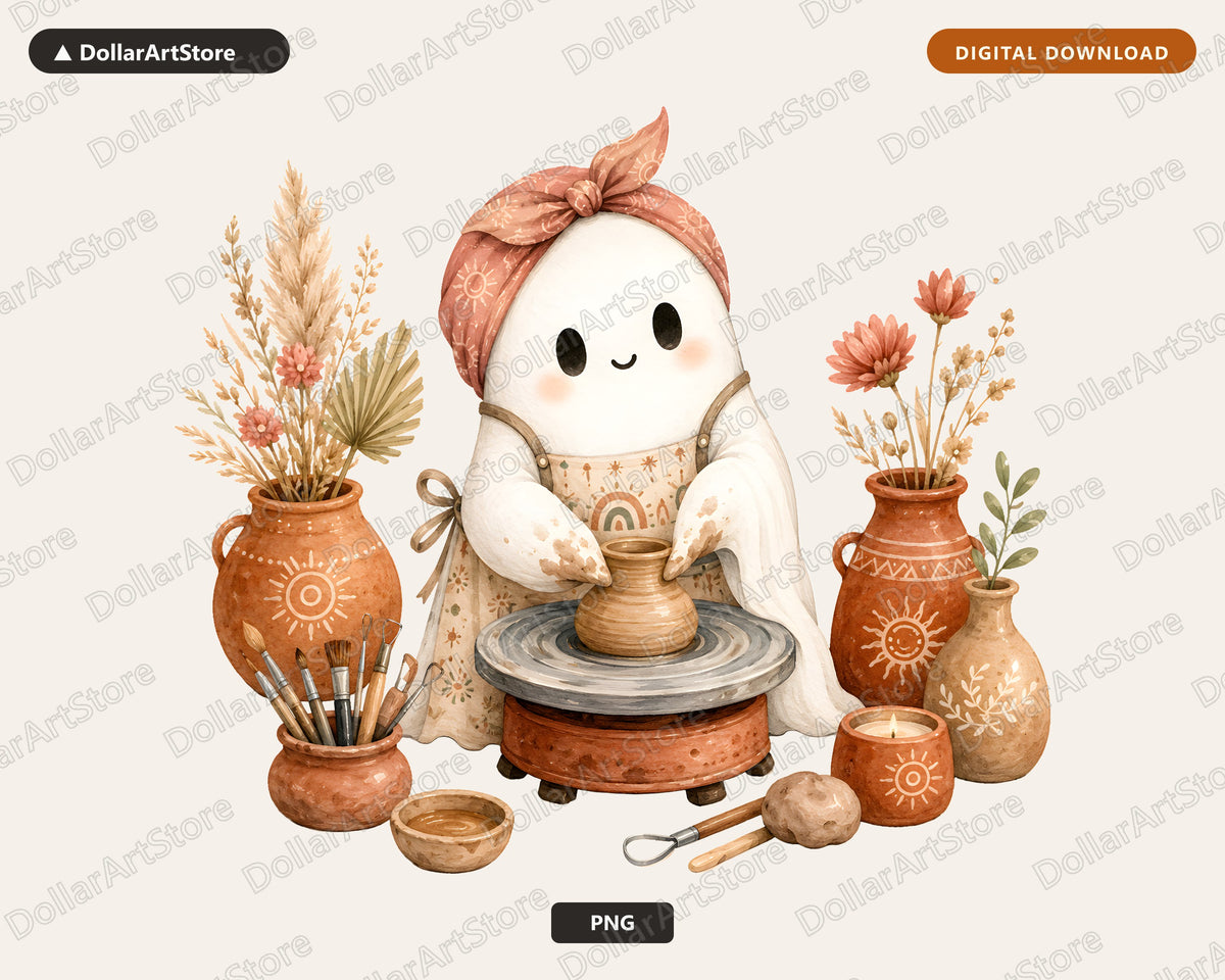 Boho Ghost PNG, Pottery Ceramic Art, Sublimation Design Digital Download