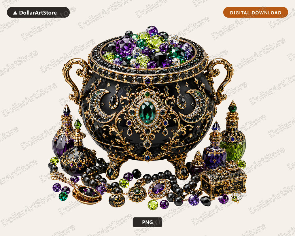 Gothic Witch's Cauldron PNG, Ornate Jewelry Design, Sublimation Print
