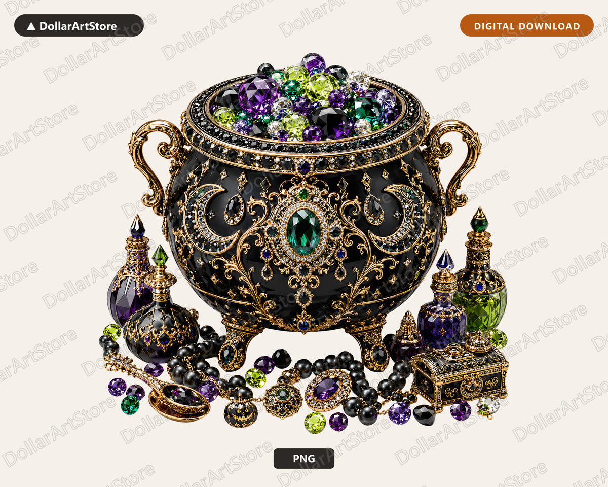 Gothic Witch's Cauldron PNG, Ornate Jewelry Design, Sublimation Print