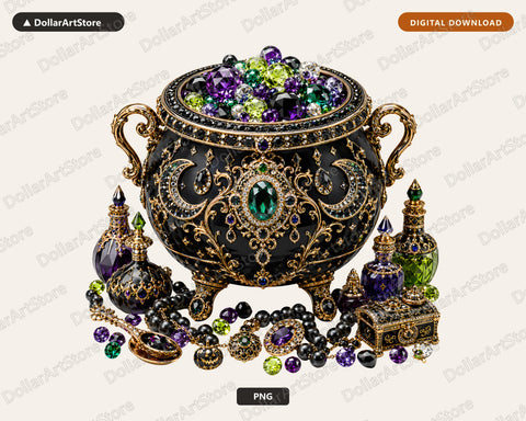 Gothic Witch's Cauldron PNG, Ornate Jewelry Design, Sublimation Print