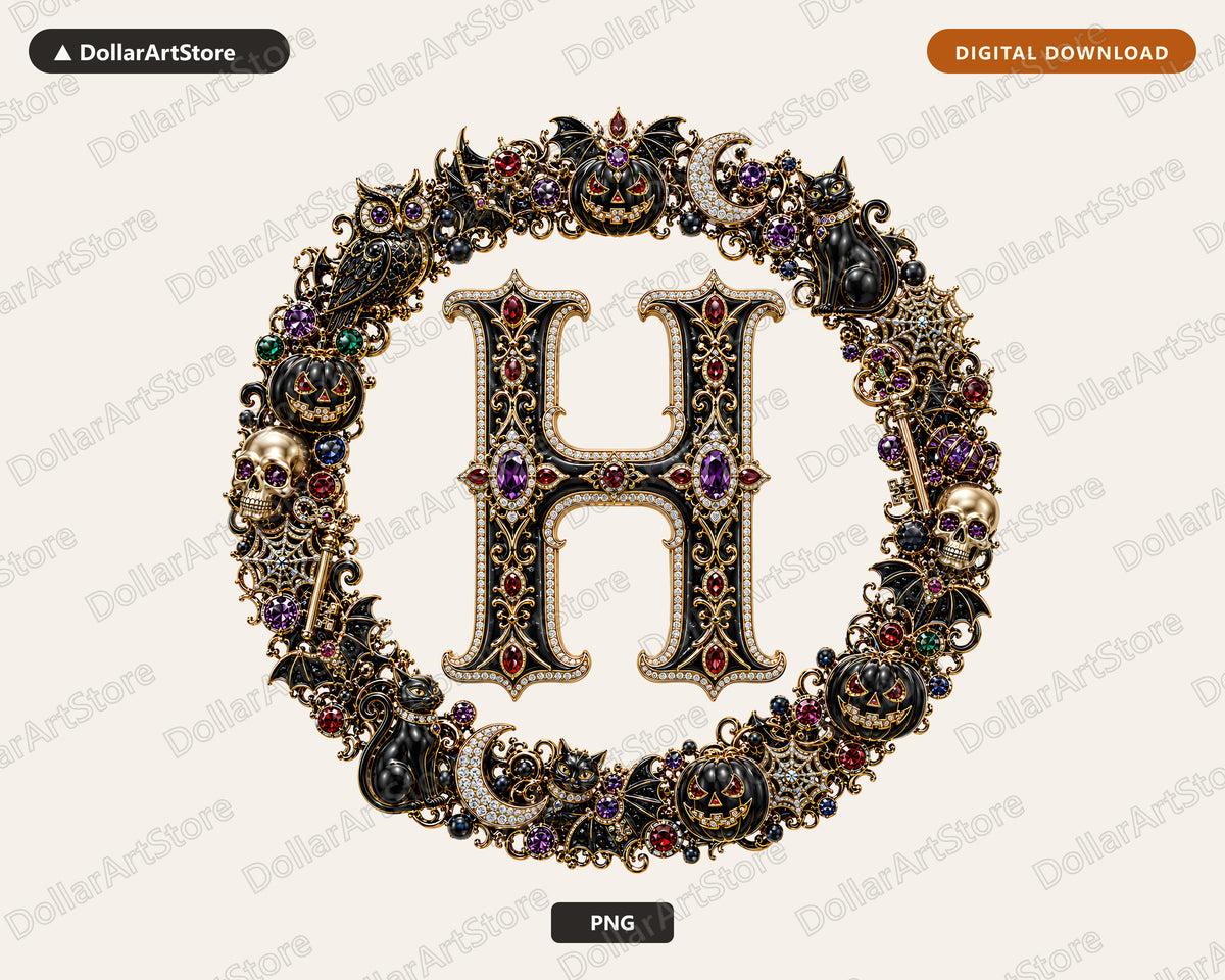 Halloween Letter H Monogram PNG, Ornate Gothic Design, Sublimation Print