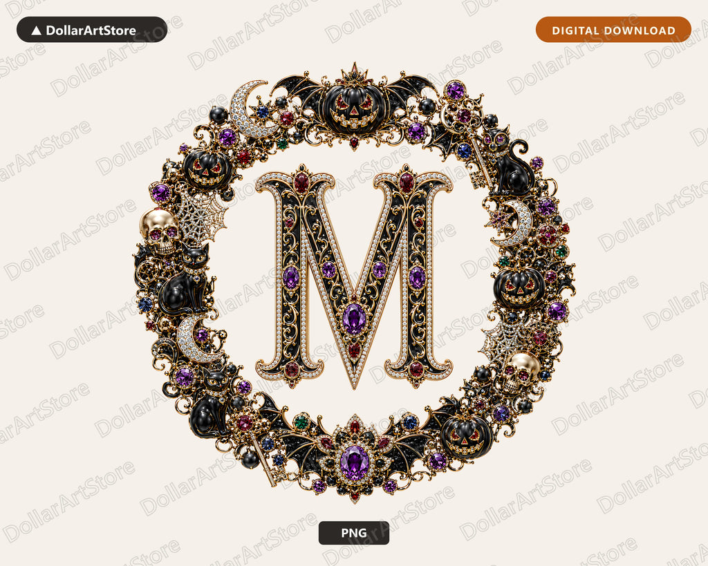 Halloween Monogram M PNG, Spooky Ornamental Letter Design, Sublimation Graphics