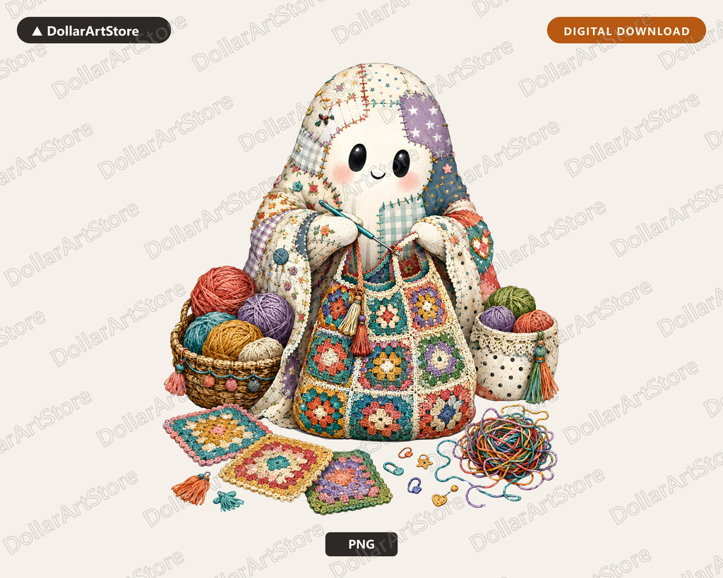 Crafting Ghost PNG Sublimation Design, Cute Crochet Art Digital Download