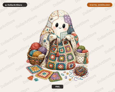 Crafting Ghost PNG Sublimation Design, Cute Crochet Art Digital Download