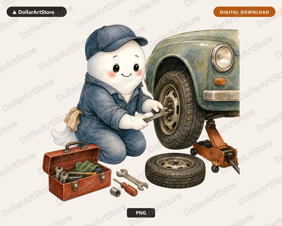 Cute Ghost Mechanic PNG, Vintage Car Repair Design, Sublimation Download