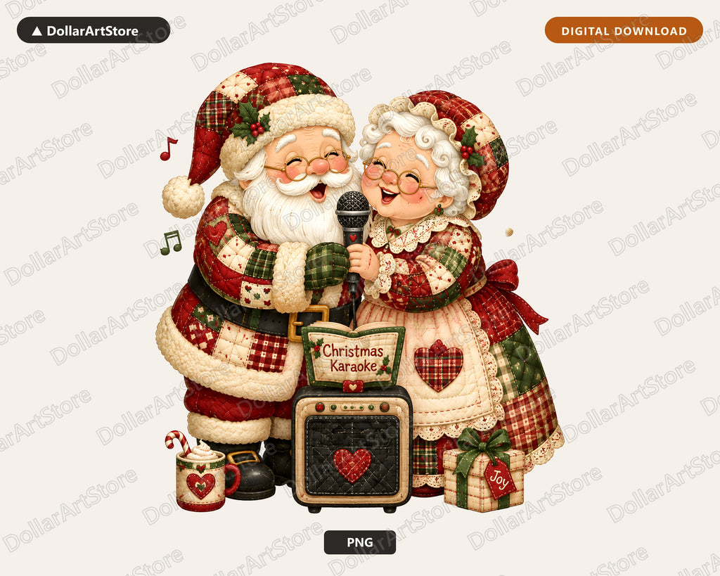 Santa & Mrs Claus Karaoke PNG, Patchwork Christmas Design, Sublimation Download