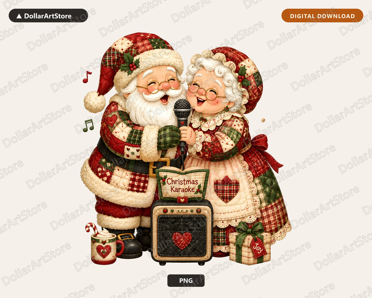 Santa & Mrs Claus Karaoke PNG, Patchwork Christmas Design, Sublimation Download