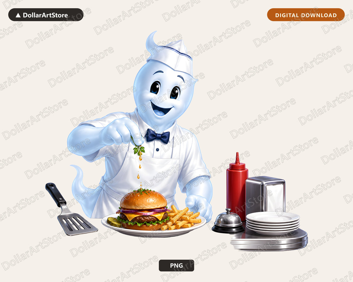Cute Chef Ghost PNG, Burger Restaurant Design, Sublimation Download