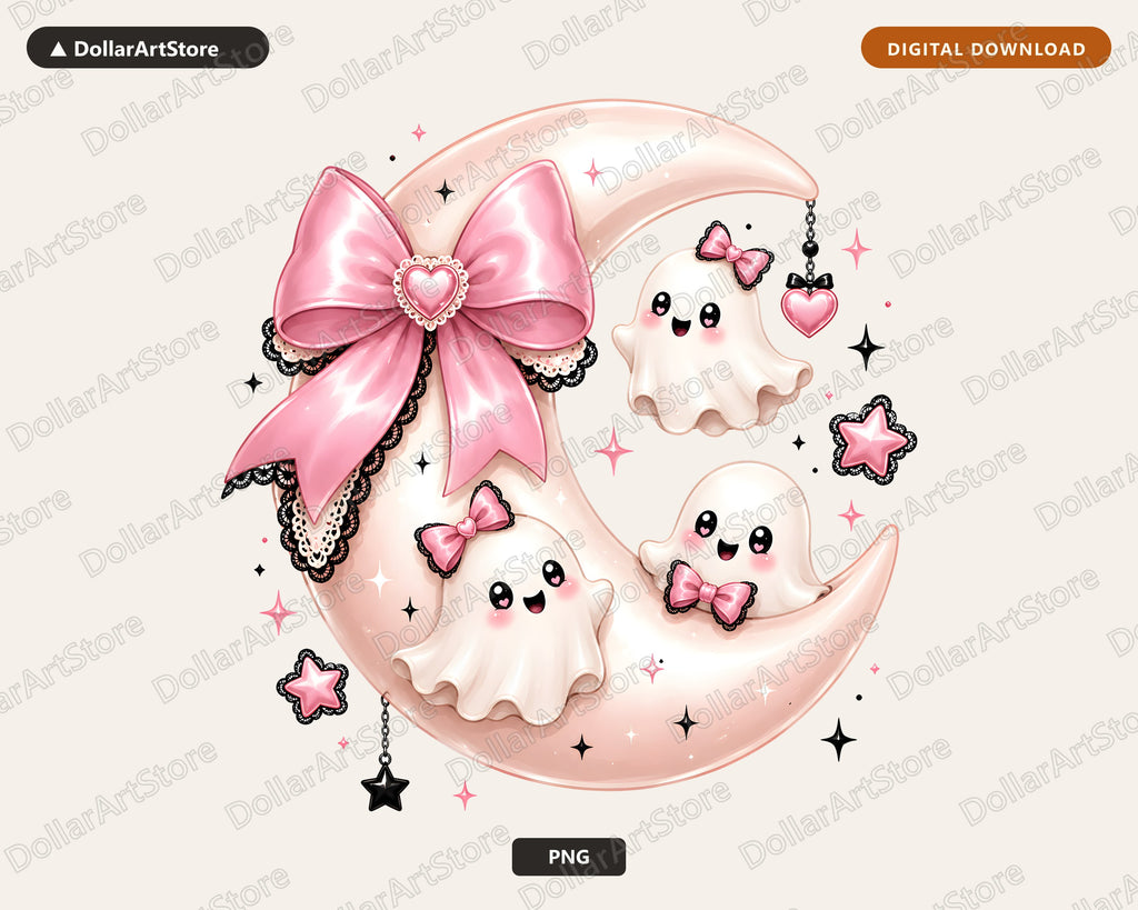 Cute Ghost PNG Sublimation Design, Pink Bow Moon, Shirt & Tumbler Print