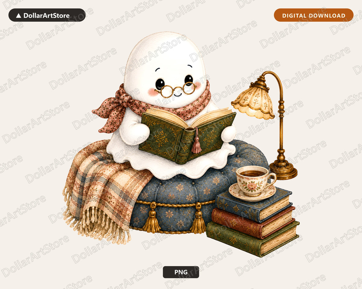 Cozy Ghost PNG, Reading Illustration, Sublimation Design Digital Download
