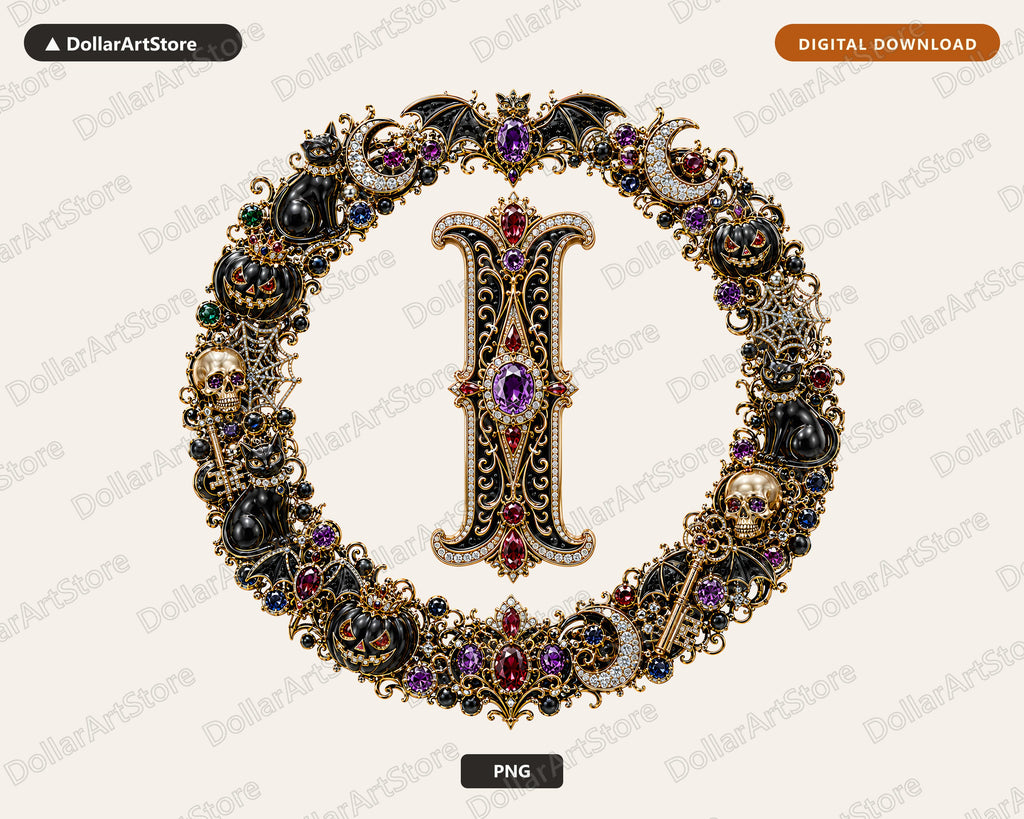 Halloween Monogram I PNG, Ornate Gothic Letter Design, Transparent Background Digital Download