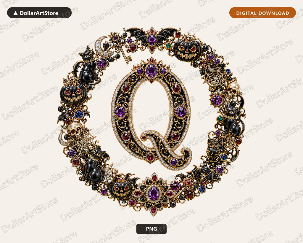 Halloween Monogram Letter Q PNG, Ornate Gothic Design, Sublimation Shirt Digital Download