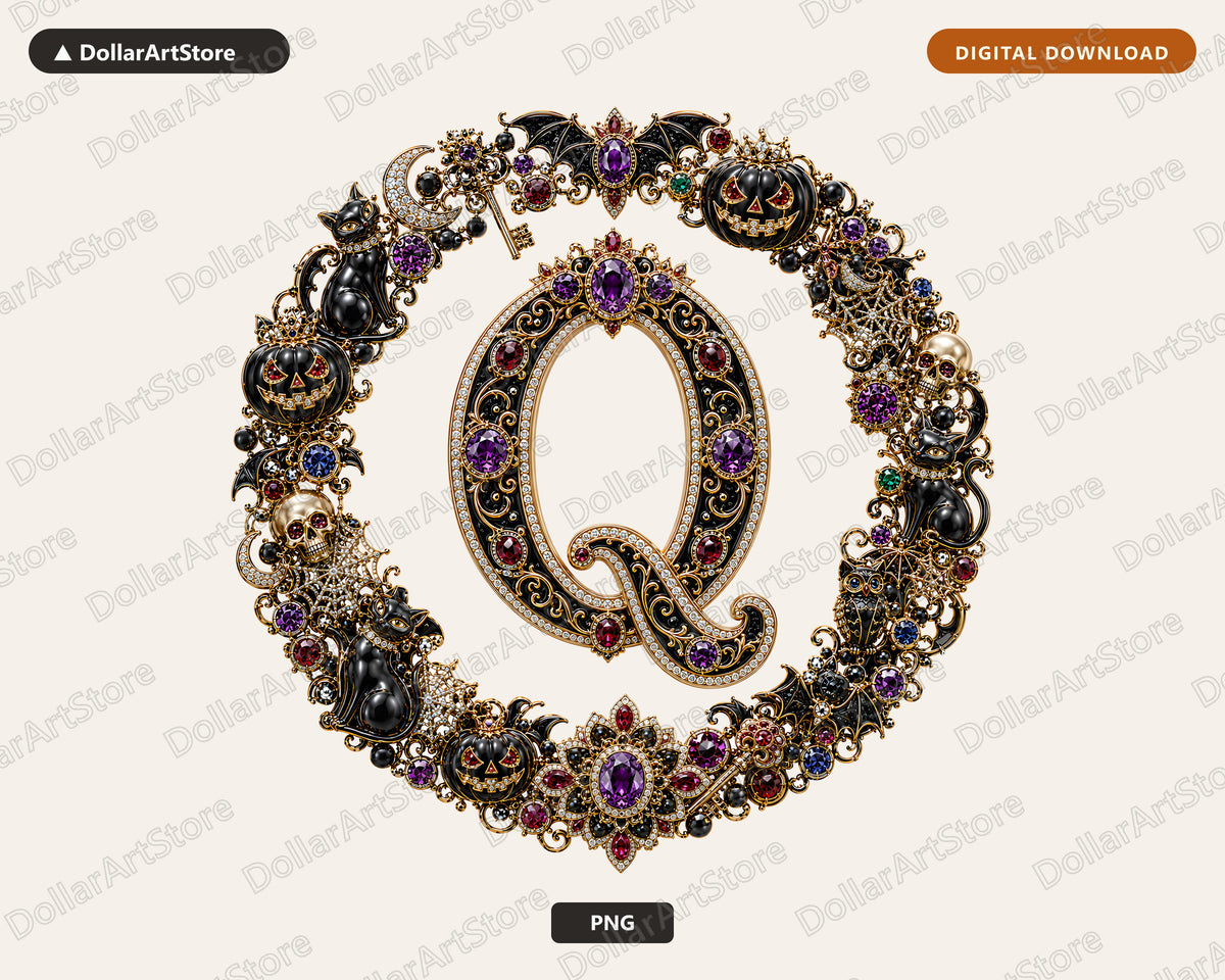 Halloween Monogram Letter Q PNG, Ornate Gothic Design, Sublimation Shirt Digital Download