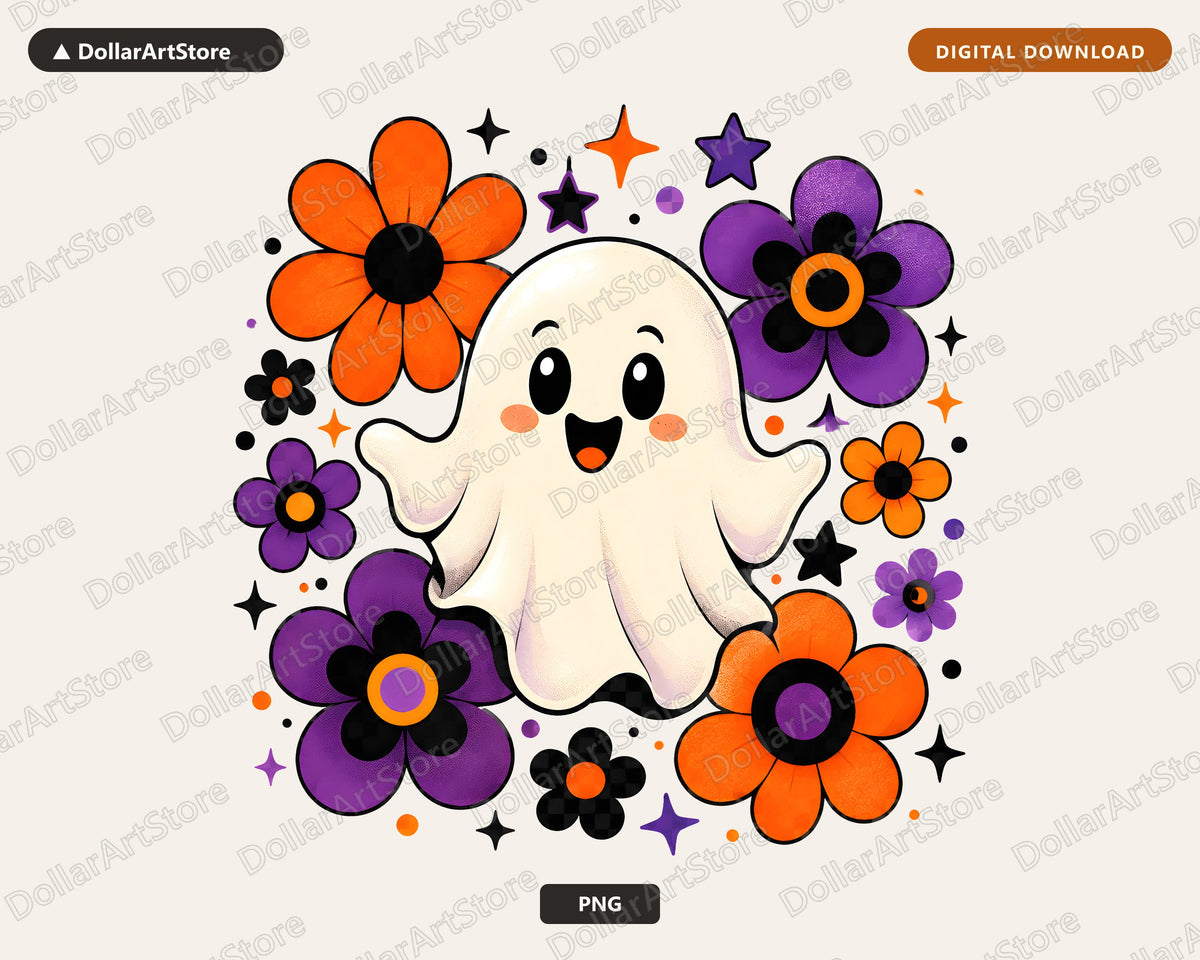 Cute Halloween Ghost PNG, Flower Sublimation Design, Shirt & Tumbler Print
