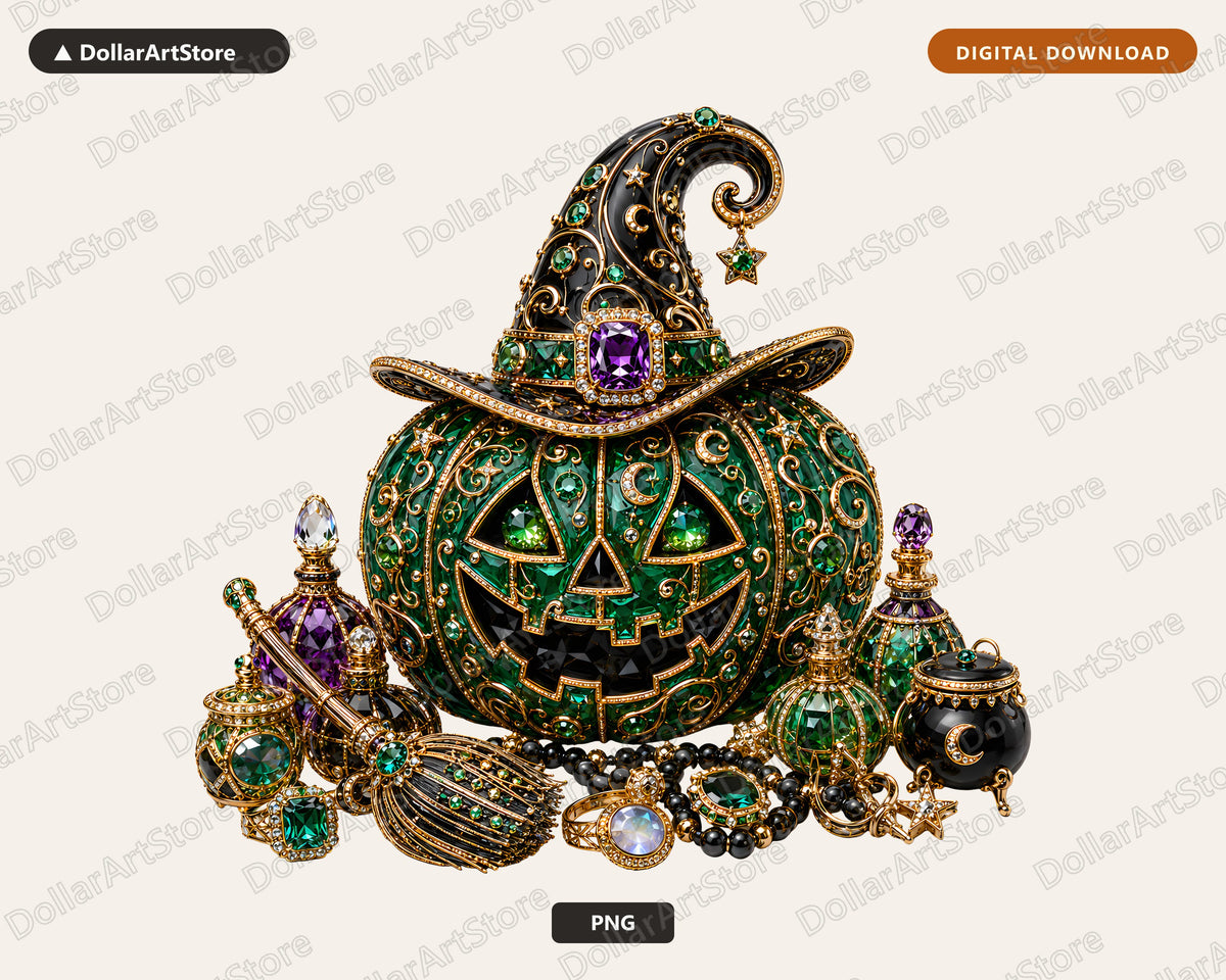 Luxury Witch Hat Pumpkin PNG, Gothic Halloween Design, Sublimation Print