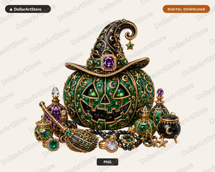 Luxury Witch Hat Pumpkin PNG, Gothic Halloween Design, Sublimation Print